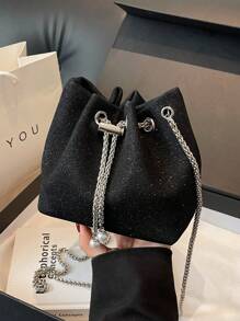 Mini Sparkly Green-Pink Polyester Drawstring Bucket Bag With Chain Strap, Women's Shoulder Crossbody Bag - Black - View 2