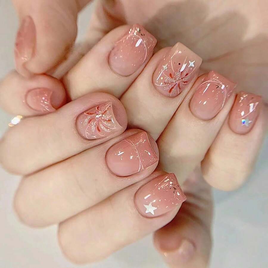 24 件/袋腮紅和煙火圖案貼紙壓在指甲上,可拆卸閃亮星星美甲貼花,短棺材和芭蕾舞假指甲 - 粉色 - 查看 1