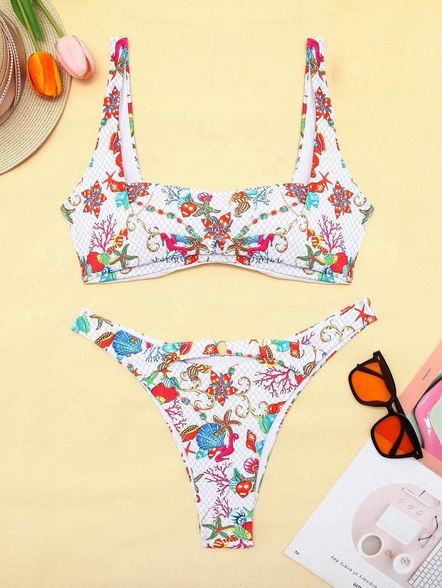 Women's Seashell Printed Swimwear Set Summer - Multicolor - View 1
