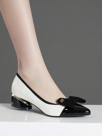 女士时尚尖头粗跟高跟鞋，带蝴蝶结和花朵装饰，白色/黑色/银色