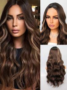 万圣节假发，4*2蕾丝前置耐热合成假发，长款棕色混金色蓬松波浪假发，中分卷发，外观自然，耐热合成纤维假发，适合日常派对使用 - 彩色 - 查看 2