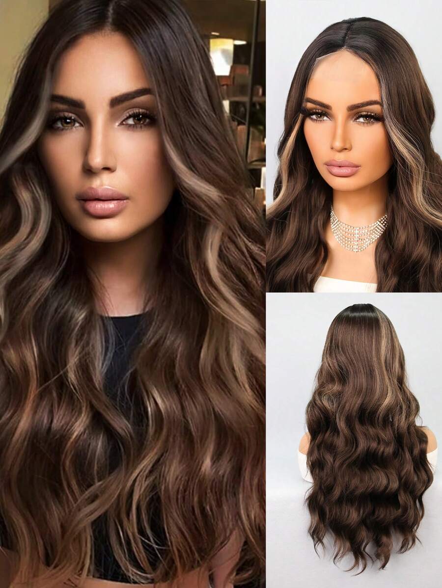 万圣节假发，4*2蕾丝前置耐热合成假发，长款棕色混金色蓬松波浪假发，中分卷发，外观自然，耐热合成纤维假发，适合日常派对使用