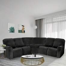 Funda de terciopelo para silla Relax de 5 plazas, funda elástica para sofá esquinero, juego de 7 piezas, funda antideslizante para sofá esquinero, protector de muebles en forma de L para sofá esquinero - Negro - Ver 2