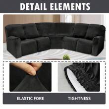 Funda de terciopelo para silla Relax de 5 plazas, funda elástica para sofá esquinero, juego de 7 piezas, funda antideslizante para sofá esquinero, protector de muebles en forma de L para sofá esquinero - Negro - Ver 5