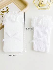 1pair Children's White Ballet Socks With Lace Frilly Edge, High Tube, Hollow Out Lace Bowknot, Student Socks - White - View 2