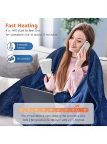 Electric Blanket Fast Heating Heating Blanket 180 X 200 Cm With Automatic Shut-Off Protection 6 Heating Levels And 10 Hour Timer, Suitable Heating Blanket For Home, Bed, Office, Machine Washable - Blue - View 5