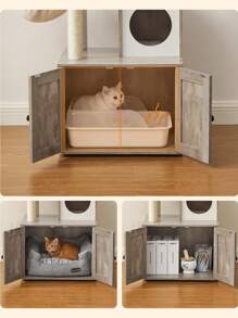 Feandrea Árbol para Gatos con Arenero Oculto, Rascador Moderno 2 en 1, Casa con Palos y Pompones Movibles, Gris - Gris - Ver 3