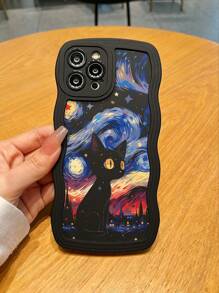 1 pieza Funda para teléfono con patrón de gato negro y espacio con ondas negras compatibles con iPhone - Multicolor - Ver 2