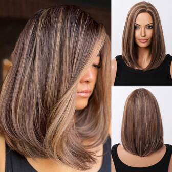 Autumn Brown Blonde Highlight Elegant Streets Bob Hair 14inch Side Part Shoulder Length Synthetic Wigs For Women Daily Use Party Vacation Holiday Natural Sexy Simple Casual Sports Preppy Halloween Christmas Cosplay Heat Resistant Wig