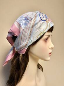 1PC Ladies Wonderland Print Square Scarf Elegant Pink Neckerchief Bandana Women Satin Head Scarf Hair Accessories - Pink - View 3