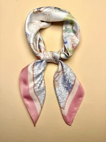 1PC Ladies Wonderland Print Square Scarf Elegant Pink Neckerchief Bandana Women Satin Head Scarf Hair Accessories - Pink - View 2