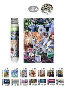 1 pieza Rompecabezas de cartón grueso empaquetado en tubo de ensayo miniatura, juego de rompecabezas plano de estilo de dibujos animados DIY miniatura apto como regalo de cumpleaños con tablero de rompecabezas de tarjeta azul, puede colocarse en un marco y ser utilizado como decoración y como memorabilia coleccionable. - 5 gatitos - Ver 13