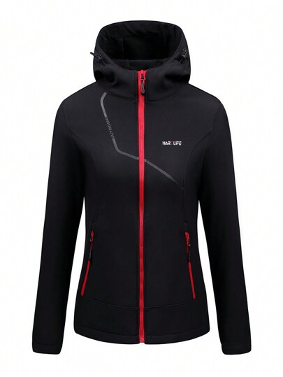 Women's Soft Shell Hooded Thermal Lined Jacket, Windproof & Warm, For Outdoor Sports, Casual, Autumn & Winter, Fleece