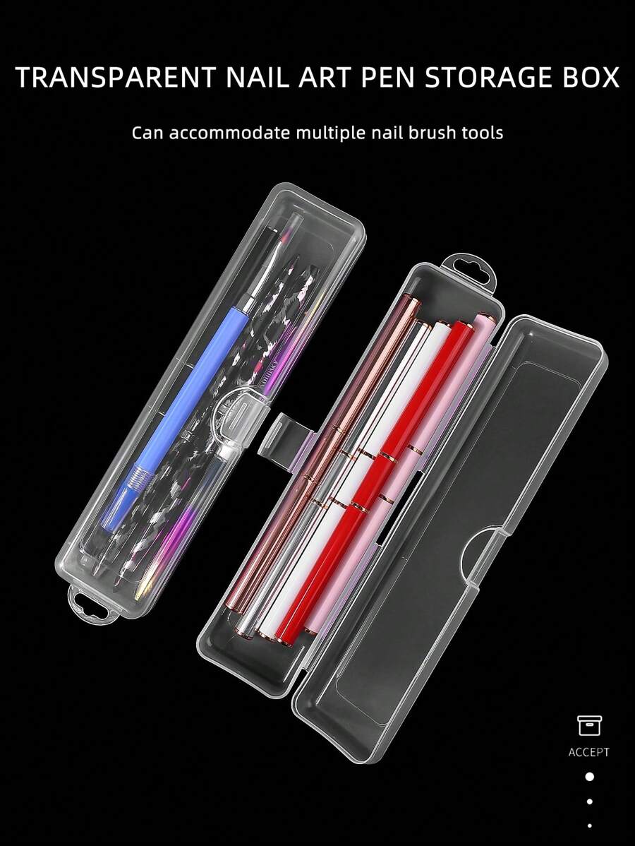 Nail Art Tools Storage Box, Transparent Rectangular Container Set With Portable Carrying Handle For Nail Polish Brushes, Sanding Block, Nail File, Uv Gel Polish Pen, Sponge And More - Clear - View 1