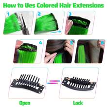 6pcs Colorful Clip-In Hair Extensions, Party Highlights, 20 Inch Green Straight Hair Extensions, Clip-In Synthetic Wigs, Suitable For Halloween Costume, Christmas, New Year Gift, Women (Green) - Green - View 10
