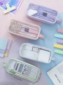 創意可伸縮筆袋,學校文具收納袋,可愛的純色筆袋,可愛的筆筒禮物,適合孩子的筆袋,網眼筆袋 - 米色 - 查看 4