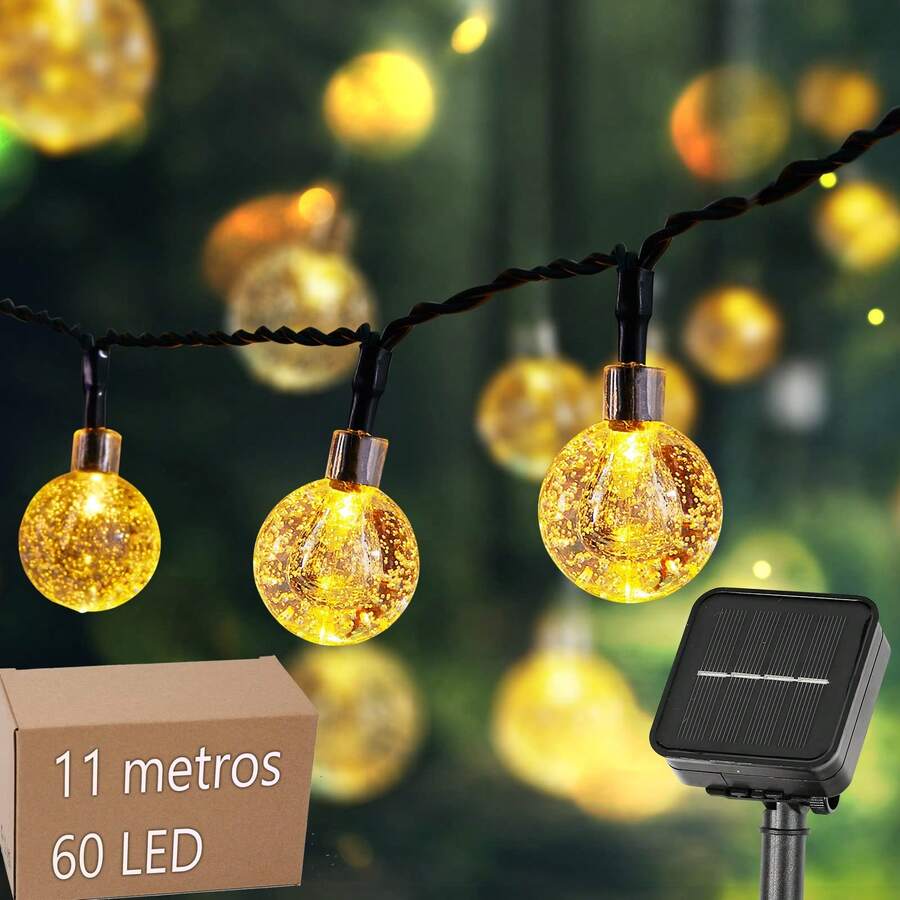 Guirnaldas de Luces LED Solares Exterior, 11M 60 Focos LED Serie de Luz - Cálidos, Impermeables IP65, 8 Modos de lluminación, Cadena de Luces Decorativas para Jardin Patio Boda Hogar Cuarto Navidad - Multicolor - Ver 1