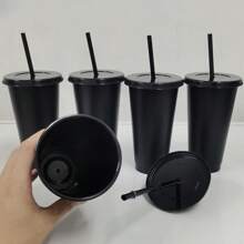 5入組可重複使用的塑膠杯,帶吸管和蓋子 - 24oz耐用水杯,冰咖啡杯,水瓶,旅行杯,夏季派對批量冷杯,適合成年人的生日和新年派對 - 透明 - 查看 5