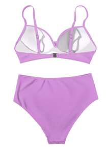 新款欧美风性感细肩带上衣和高腰褶皱下装比基尼套装女式夏季 - 淡紫色 - 查看 3