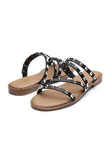 Women's Slide Sandals Slip On Clear Studded Rhinestone Open Toe Cute Flat Sandals For Summer