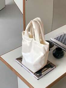 全新韓版ins時尚柔軟皮革質感銀色手提包水桶包大容量純色簡約手提包夏季女皮夾 - 米色 - 查看 7