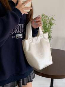 全新韓版ins時尚柔軟皮革質感銀色手提包水桶包大容量純色簡約手提包夏季女皮夾 - 米色 - 查看 5