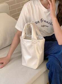 全新韓版ins時尚柔軟皮革質感銀色手提包水桶包大容量純色簡約手提包夏季女皮夾 - 米色 - 查看 6