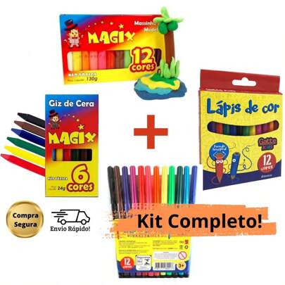 Canetinha Colorida Hidrográfica 12 Cores e Lápis de Cor 12 Cores Curto e Giz de Cera 6 Cores e Massinha de Modelar 12 Cores - Escolar  Diversão  Criatividade