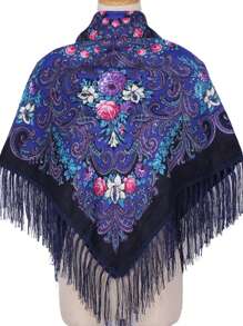 Women's Oversized Printed Traditional Scarf, Multicolor Rose Blossom With Tassels For Various Use Boho - Multicolor - View 25