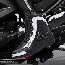 男士專業摩托車靴秋冬耐用防滑適合摩托車比賽紅色縫線圓頭高筒休閒拼色運動鞋繫帶 - 黑色 - 查看 2