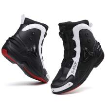 男士專業摩托車靴秋冬耐用防滑適合摩托車比賽紅色縫線圓頭高筒休閒拼色運動鞋繫帶 - 黑色 - 查看 1