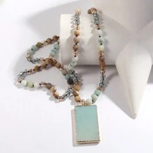 1pc New Fashion Ocean Style Blue & Green Natural Stone Glass Beaded Knot Necklace Multi Blue Stone Square Pendant Sweater Chain