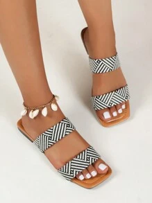 Women's Plus Size Patent Leather Square Toe Flat Sandals For Summer, Sexy And Comfortable