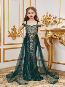 Tween Girl Off Shoulder Waist Splicing Sheer Mesh Sequin Formal Dress - Dark Green - View 3