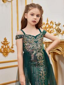 Tween Girl Off Shoulder Waist Splicing Sheer Mesh Sequin Formal Dress - Dark Green - View 5