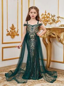 Tween Girl Off Shoulder Waist Splicing Sheer Mesh Sequin Formal Dress - Dark Green - View 6