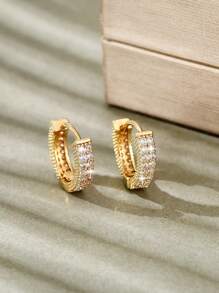 1 Pair Luxury Geometric Round Copper Zirconia Hoop Earrings, Fashionable Gift For Women, Birthday, Date - Yellow Gold - View 4