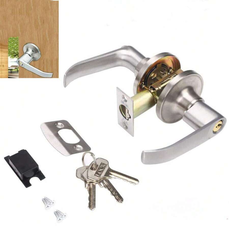 Home Entry Bar Three Handle Door Lock Set Bathroom Entryway With 3 Keys - Silver - View 1
