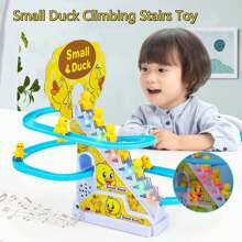 1pc Cute Duck Climbing Stairs Electric Track Toy, Duck Sliding Down With Light & Sound Effects, Gift - Yellow - View 3