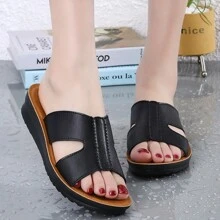 適用於中老年女性的女式夏季拖鞋涼鞋,防滑舒適軟底平底拖鞋 - 黑色 - 查看 2