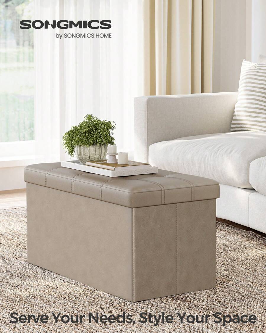 SONGMICS 30 Inches Folding Storage Ottoman Bench Storage Chest Footrest Padded Seat Faux Leather, Holds Up To 660 Lb Black, White, Brown, Beige, Light Taupe - 淺褐色的 - 查看 1