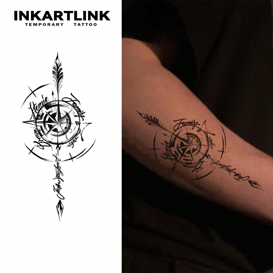 Inkartlink 8*17cm 1入組羅盤草本汁紋身貼紙,神奇紋身,15天暫時性紋身,逼真假紋身,可持續1-2週 - 黑色 - 查看 1
