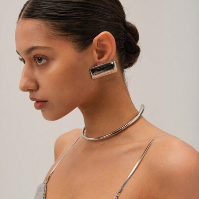 Uworld 1 Piece 18K Gold Plated Fashionable Minimalist Design Hammered Stainless Steel Rectangular Smooth Surface Earrings / Necklace Suitable For Women To Wear Daily And As Women's Gift