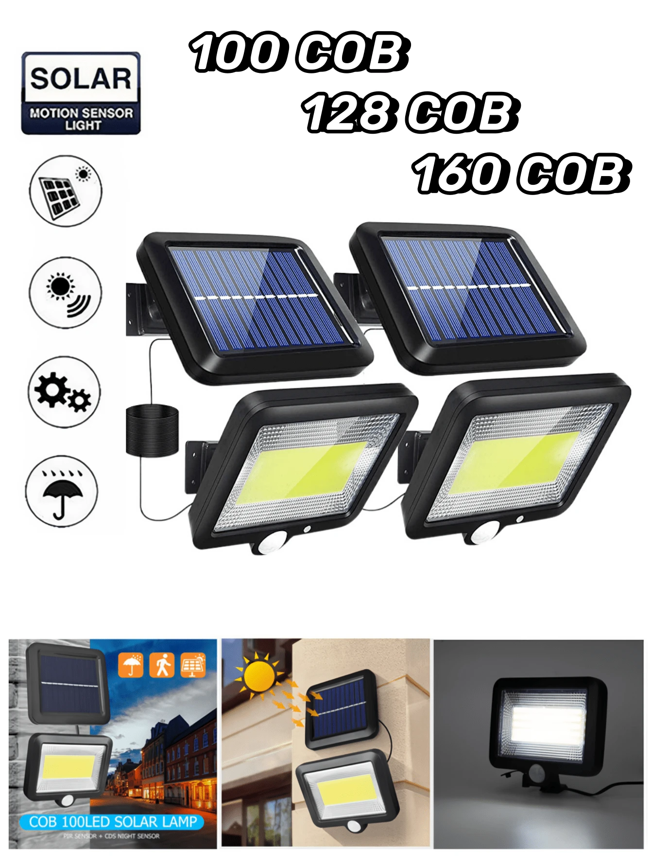 1 件戶外太陽能板壁燈（分離式）,帶 100/128/160 Cob Led,超亮,帶運動感應功能,適用於花園、庭院、街道、車庫、倉庫、家用 Led 燈,適合新鄉村