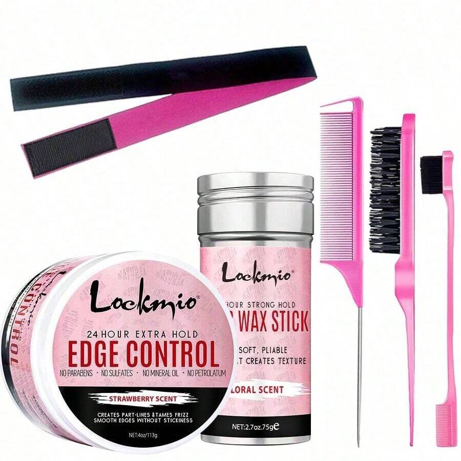 6入組髮蠟棒套裝,強力固定不油膩滑爽髮泥2.7oz/75g棒,4oz/113g邊緣控制凝膠,可馴服嬰兒毛髮,融合彈性鋼圈,雙面刷邊緣梳,鼠尾梳,鬃毛刷,天然髮用造型工具套裝 - 粉色 - 查看 1