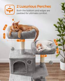 Feandrea Cat Tree, 66.1-Inch Large Cat Tower With 13 Scratching Posts, 2 Perches, 2 Caves, Basket, Hammock, Pompoms, Multi-Level Cat Furniture Activity Center For Indoor Cats, Cat Necessities - 淺灰色 - 查看 4