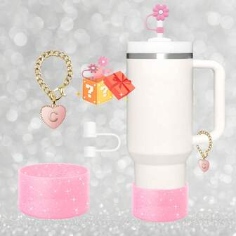 4PCS Accessories For Cups Including 1 Piece Glitter Silicone Boot Sleeve For Cup Accessories 20-40oz,1Piece Name Letter Charm,1Piece White Straw Cap Cover And 1 Piece RANDOM Flower Straw Cap Cover, Anti Slip Bottom Cover Bumper For Water Sport Bottles With Personalized Identification Set For Tumblers, Mother's Day Gift