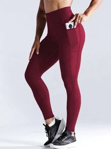 3pcs Yoga Pants Set, Sports Tight Yoga Leggings, Elastic Compression Fit Running Tights, Cinched Waist Spring - Burgundy - View 5
