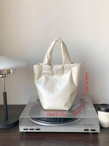 全新韓版ins時尚柔軟皮革質感銀色手提包水桶包大容量純色簡約手提包夏季女皮夾 - 米色 - 查看 8