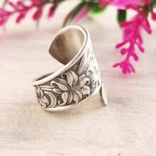 1 pieza Anillo de cuchara vintage con tallado de flor retro en la superficie, adecuado para hombre a juego con atuendos diarios, accesorio para fiestas, San Valentín - Plateado - Ver 5